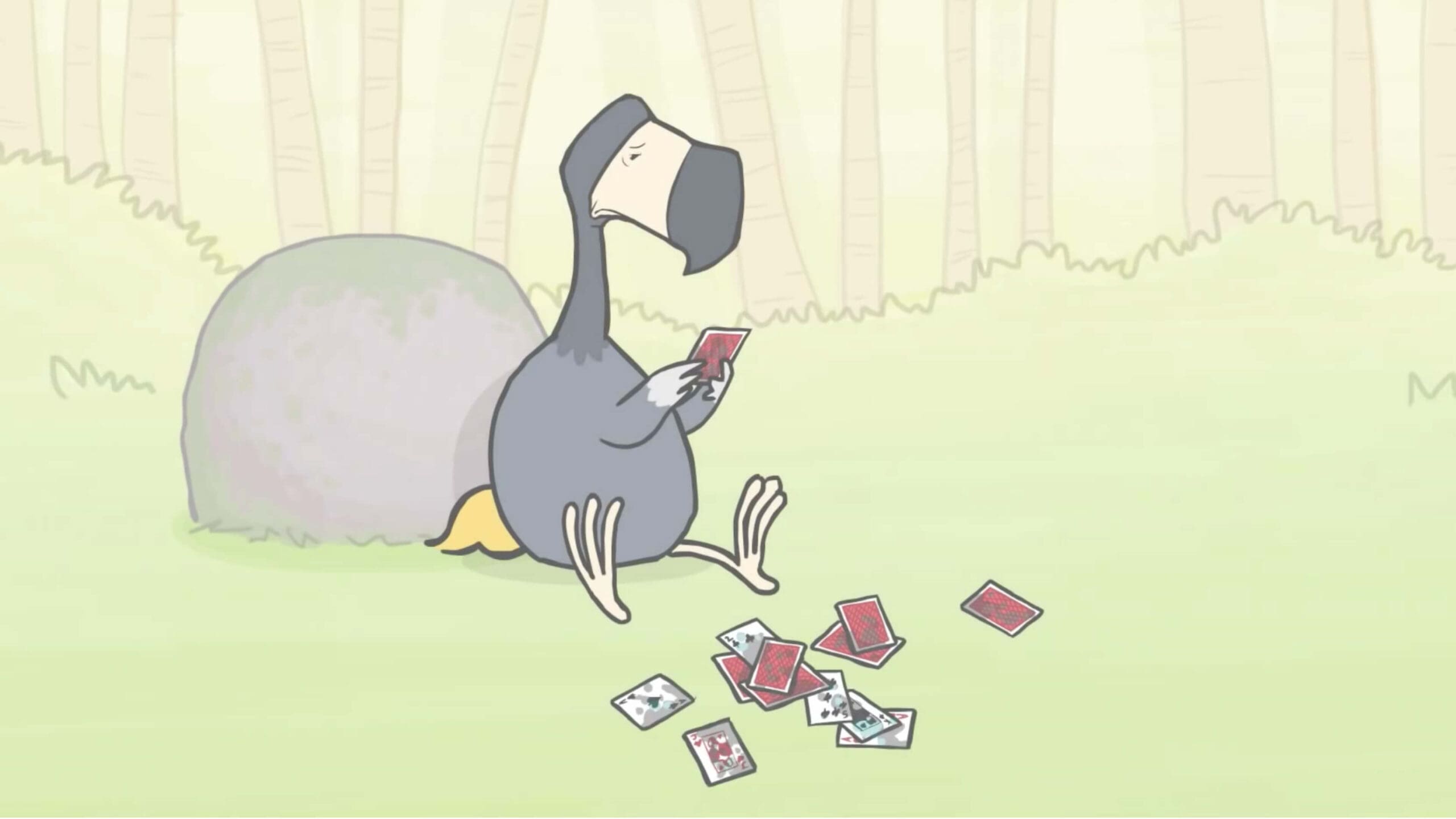 dodo bird looking sadly at cards