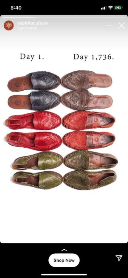 advert showing new versus aged woven leather huarache sandals